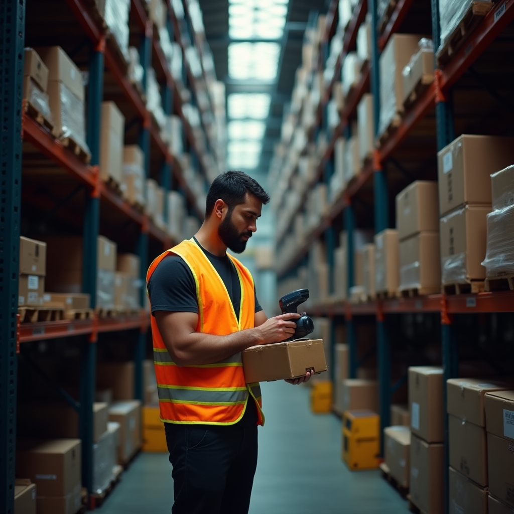 Trabajador de logística revisando inventario en un depósito de distribución con estanterías altas