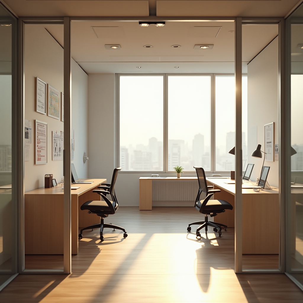 Espacio de trabajo de Dakufe con escritorios ordenados, luz natural y elementos de planificación en las paredes