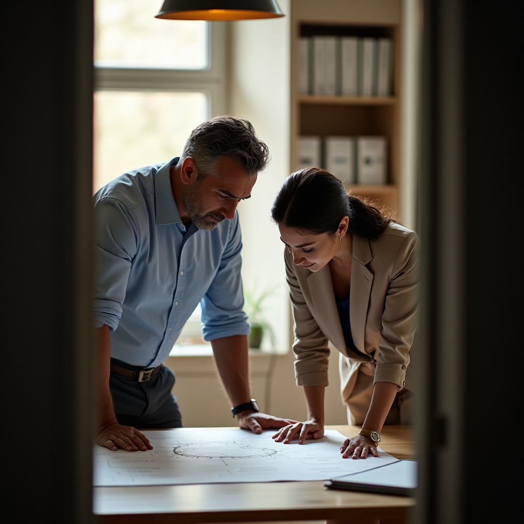 Consultor y dueño de empresa revisando un mapa de procesos sobre una mesa de trabajo