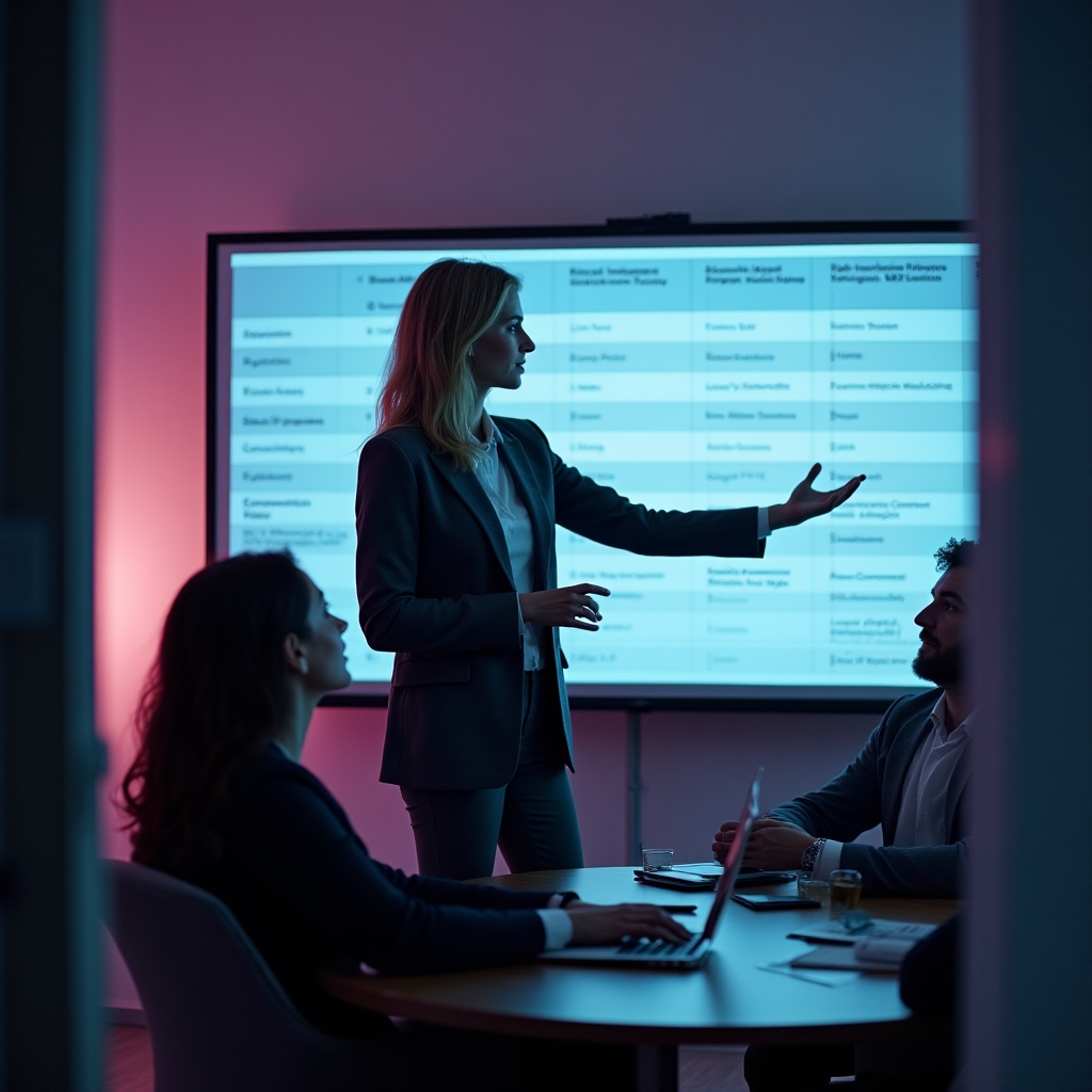 Consultora presentando un panel comparativo de herramientas digitales en una pantalla durante una reunión